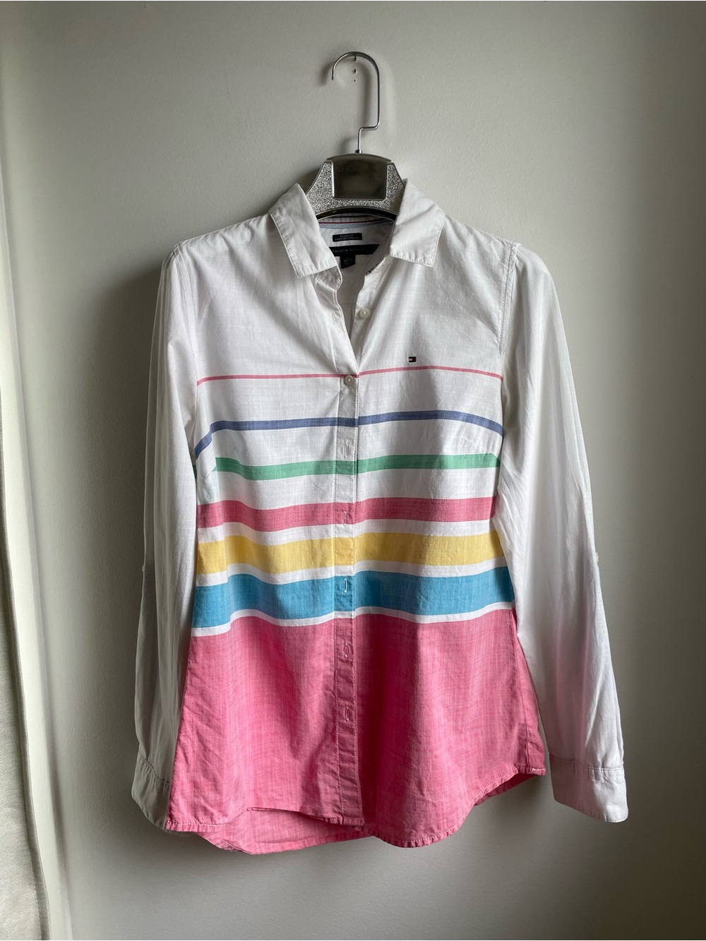 Tommy Hilfiger White Button-Up Shirt with Multicolor Stripes-Preppy-XS